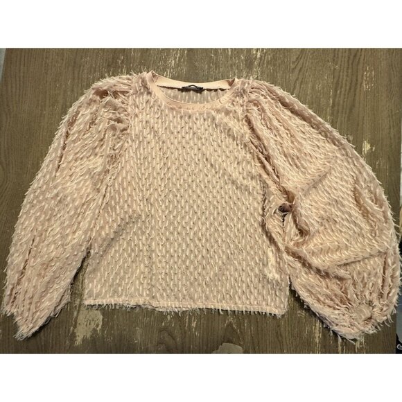 Zara Balloon Sleeve Feather Eyelash Fringe Blouse Top pale pink medium Party - Picture 3 of 13